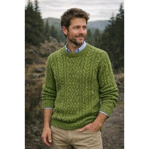 Vtg Doogan Donegal Fisherman Sweater Grandpa Loomed Green Chunky Knit Ireland XS